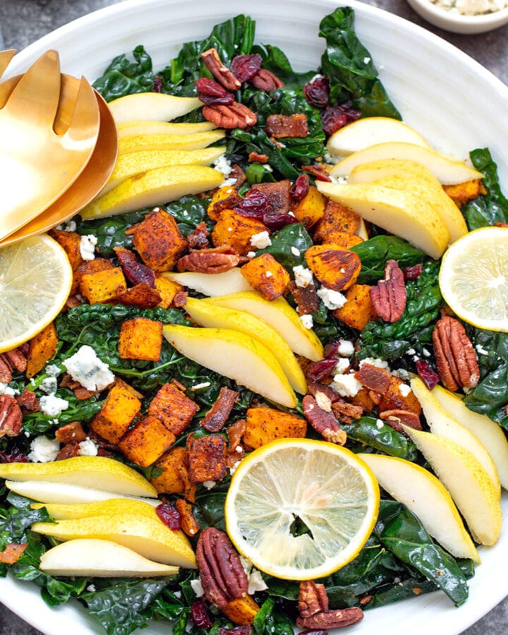 Winter got you down? This Winter Kale Salad with Butternut Squash and Pears (and a meyer lemon vinaigrette) will cheer you right up! Not only does it tie together some of winter's most delicious flavors, but it's also packed with lots of vitamins and antioxidants.