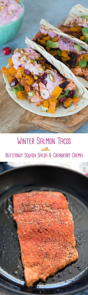 Winter Salmon Tacos with Butternut Squash Salsa and Cranberry Crema