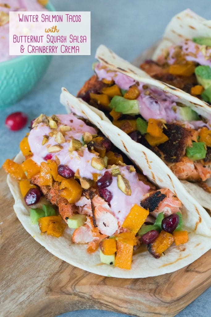 Winter Salmon Tacos with Butternut Squash Salsa and Cranberry Crema -- These fish tacos let you celebrate the winter season while sticking to a healthy eating plan! Packed with lots of winter flavors, algae oil is used to boost good fats | wearenotmartha.com