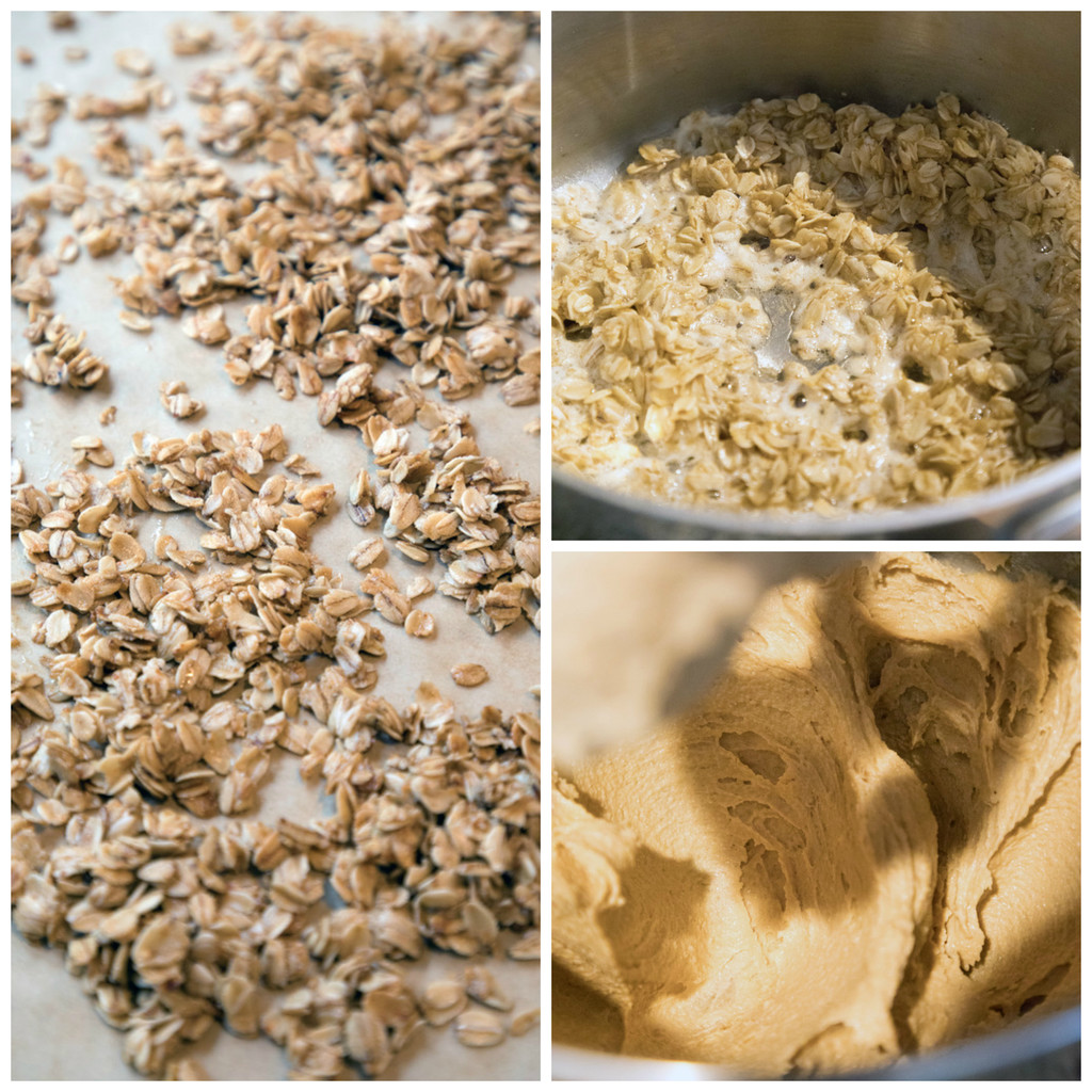 Collage showing oats cooking in butter, oats cooling on parchment paper, and peanut butter batter in bowl