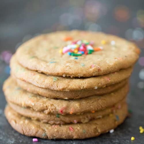 The only thing better than peanut butter cookies are extra large peanut butter cookies packed with rainbow sprinkles and toasted oats. You're still allowed to have more than one, trust me! | wearenotmartha.com #cookies #peanutbutter #sprinkles