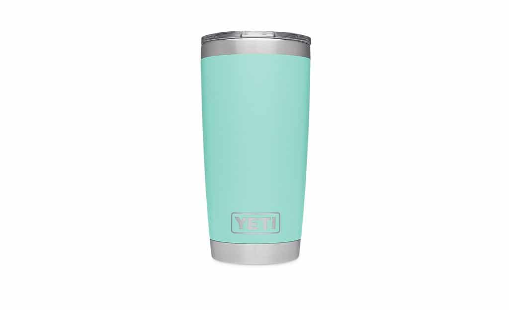 Head-on view of seafoam colored Yeti tumbler