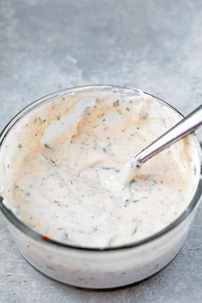Yogurt dipping sauce in bowl with spoon