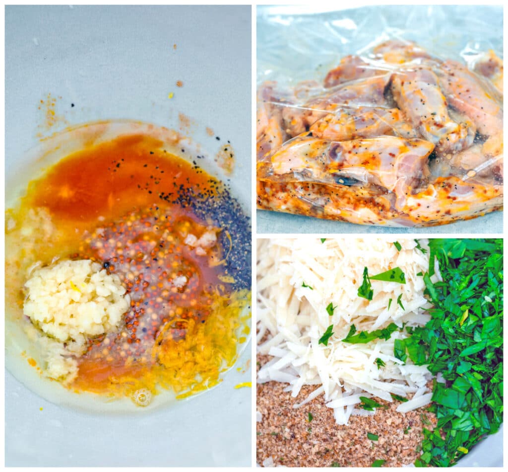 Collage showing process for making zesty baked chicken wings, including marinade ingredients in a bowl; chicken wings marinating in mixture in a Ziplock bag; and breadcrumbs, parmesan, and parsley in a bowl.