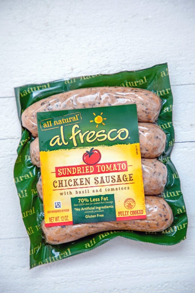 Overhead view of package of al fresco All Natural Sundried Tomato Chicken Sausage