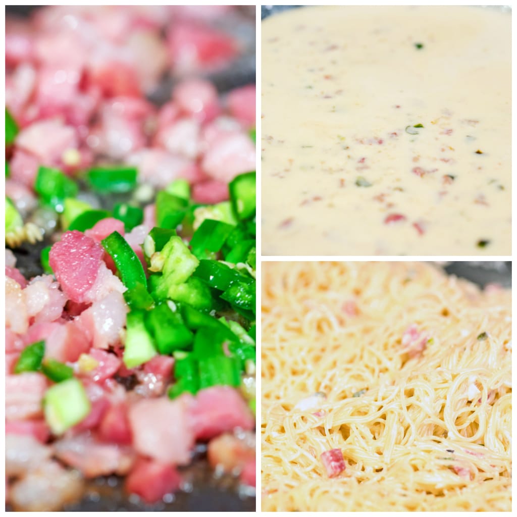 Collage showing process for making angel hair alfredo, including pancetta and jalapeño in skillet, sauce simmering in skillet, and pasta coated in sauce