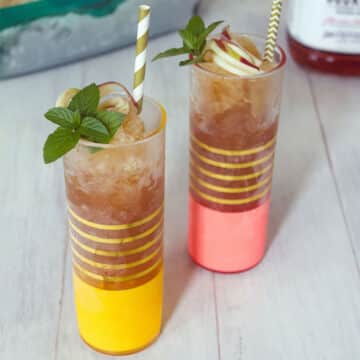 Closeup view of two glasses of apple cider bourbon slush with mint garnish.