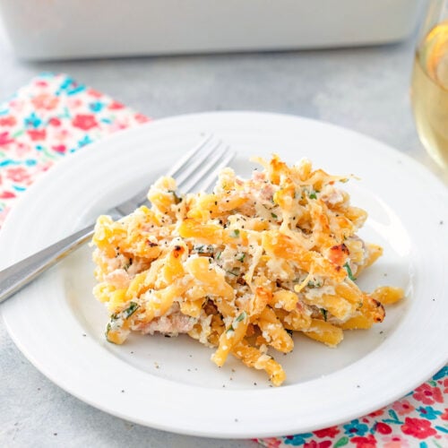 Closeup view of baked lemon ricotta pasta served on a plate.