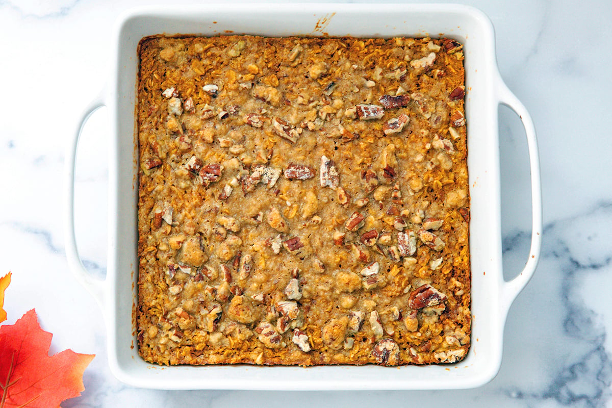 Overhead view of baked pumpkin oatmeal just out of the oven.