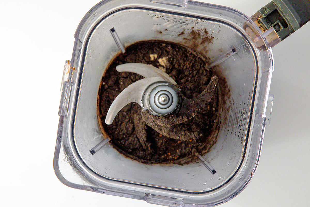 Landscape overhead view of Black Cat Frappuccino ingredients in blender.