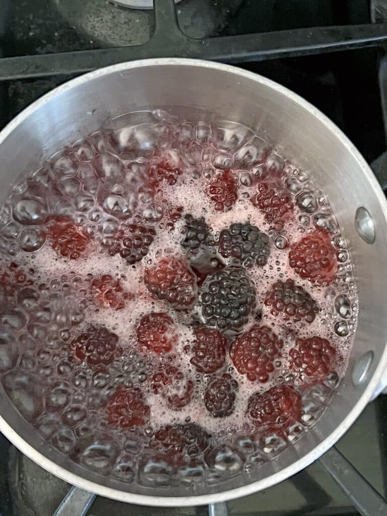 Blackberries simmering in sugar and water in saucepan.