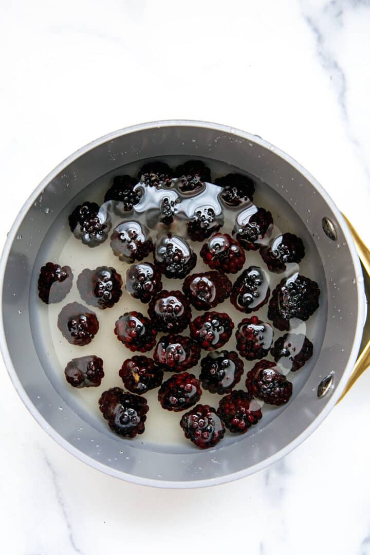 Blackberries, sugar, and water in saucepan.