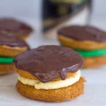 Closeup view of a Boston cream pie whoopie pie.