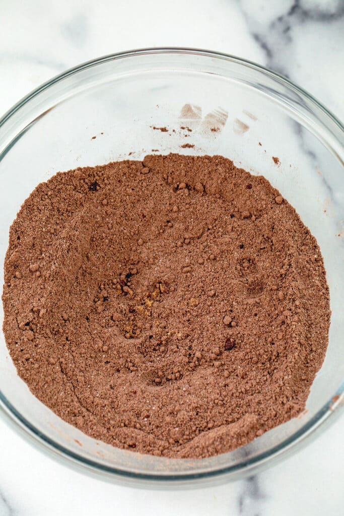 Cocoa powder, flour, sugar, salt, and espresso powder in large mixing bowl.
