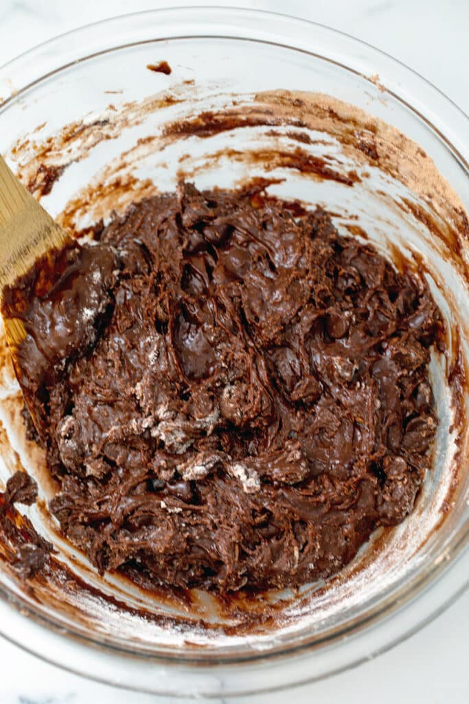 Brownie mix cookie batter in mixing bowl.