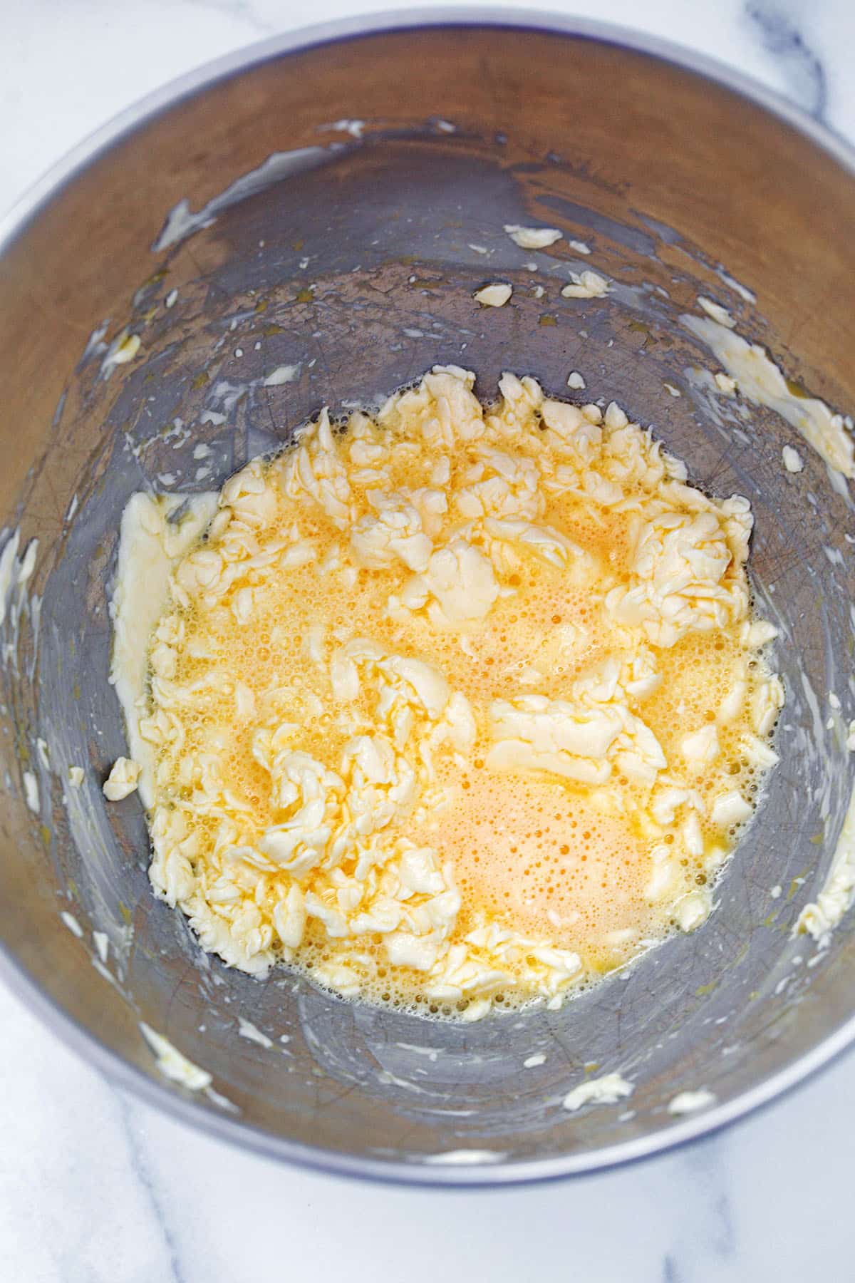 Butter and sugar creamed together with eggs mixed in.