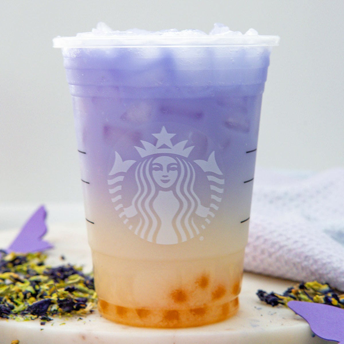 Closeup view of Butterfly Drink in Starbucks cup.