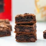 Closeup view of a stack of cake mix brownies.