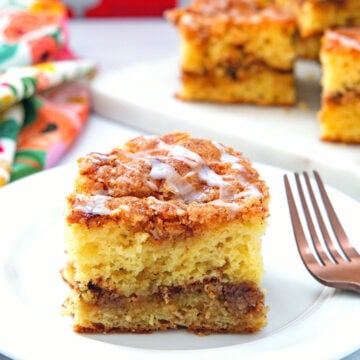 Closeup view of a piece of cake mix coffee cake.
