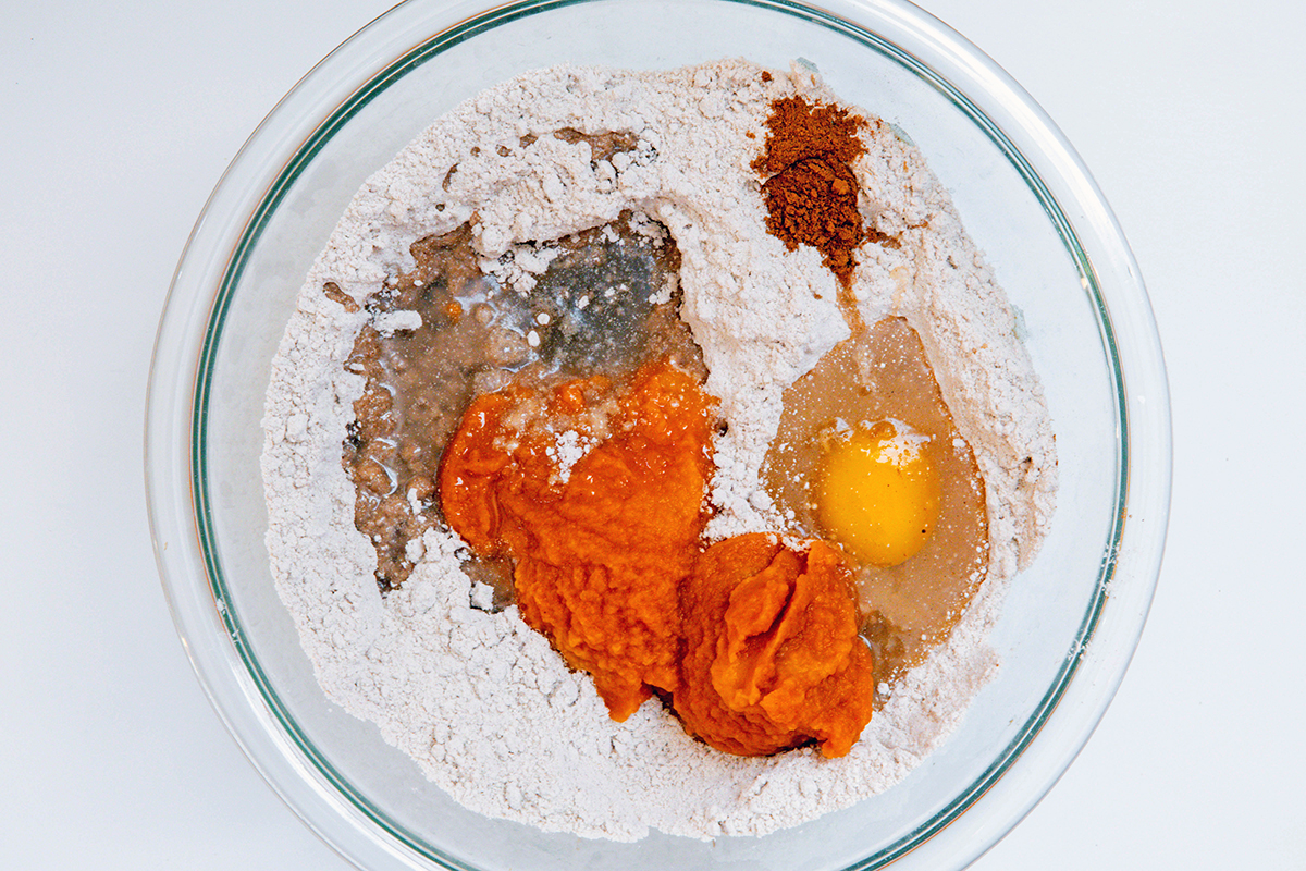 Landscape view of cake mix, pumpkin puree, egg, and pumpkin spices in mixing bowl.