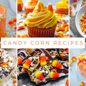 Closeup of candy corn cupcakes and toffee with text "Candy Corn Recipes."
