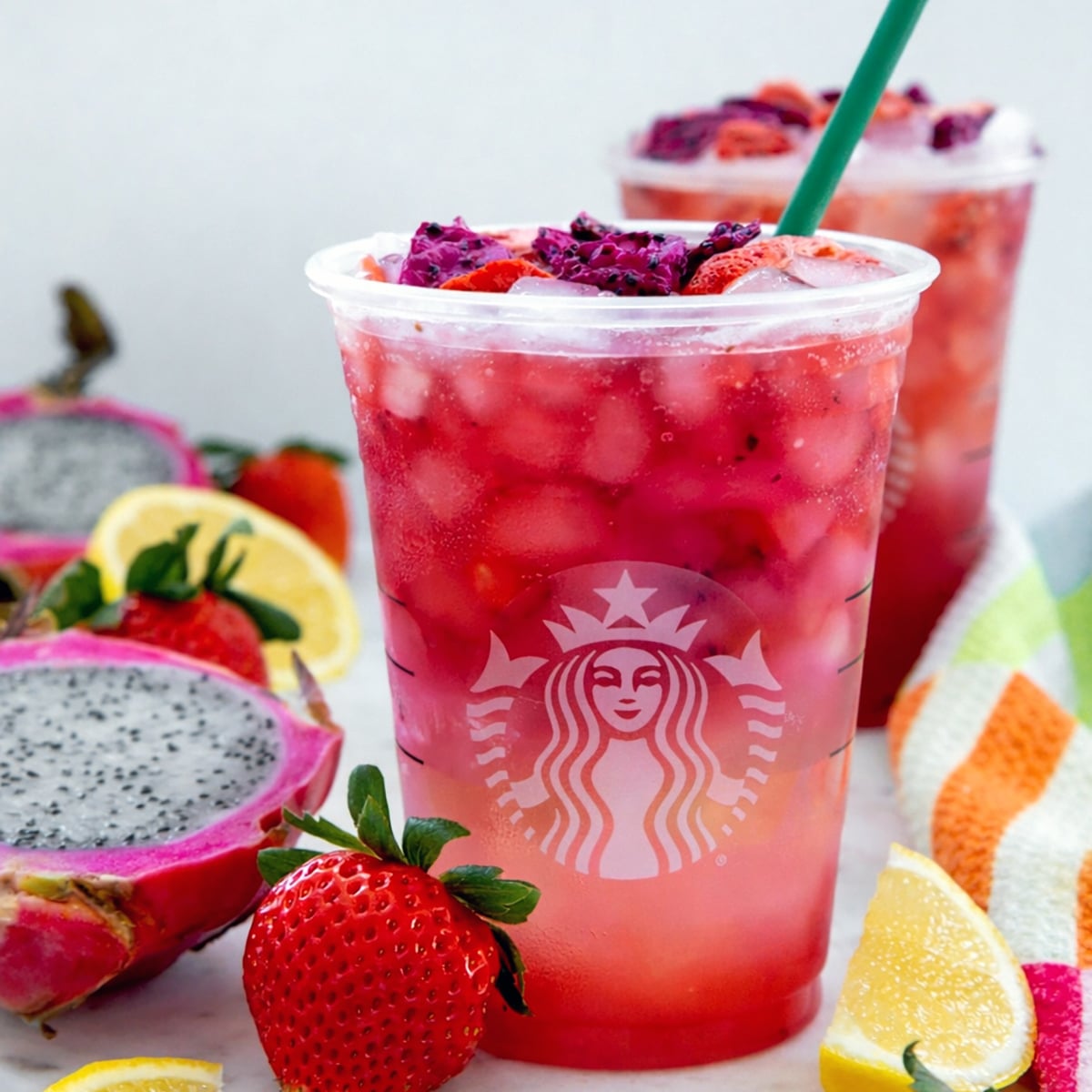 Closeup view of a Cannon Ball Drink in a Starbucks cup with strawberries, lemons, and dragonfruit.