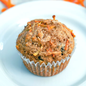 Closeup overhead view of a carrot raisin muffin on a white plate.