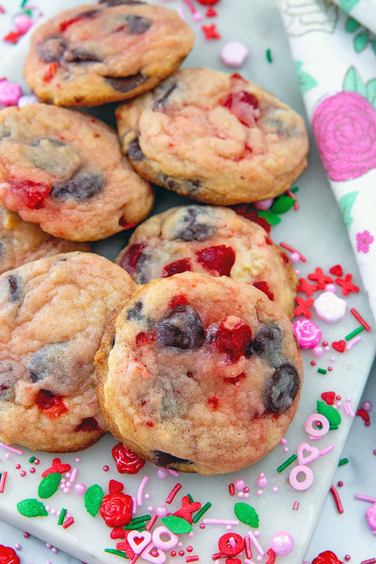 Close-up view of cherry chocolate chip cookies.