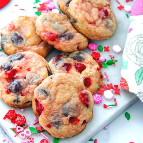 Close-up view of cherry chocolate chip cookies.