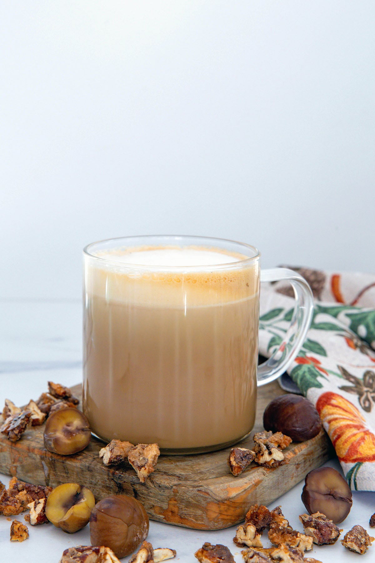 Head-on view of a chestnut praline latte with no whipped cream topping.