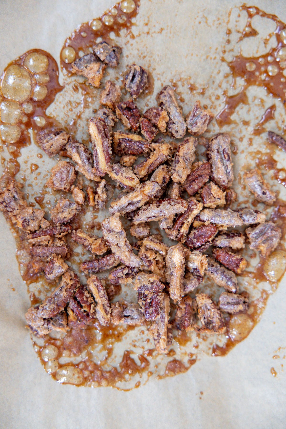 Chestnut praline topping on parchment paper.