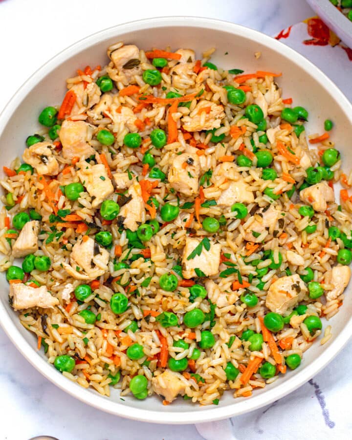 Closeup view of chicken and rice for dogs with carrots and peas.