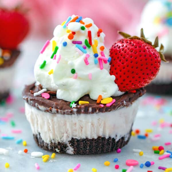 Head-on view of a chocolate strawberry ice cream cake cupcake with whipped cream, a fresh strawberry, and sprinkles.