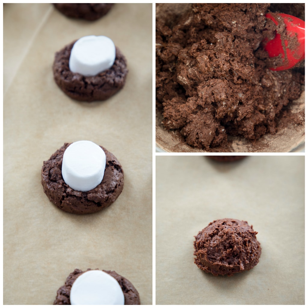 Collage showing cookie making process, including chocolate batter, cookies formed on parchment paper, and marshmallow half being pressed into cookie