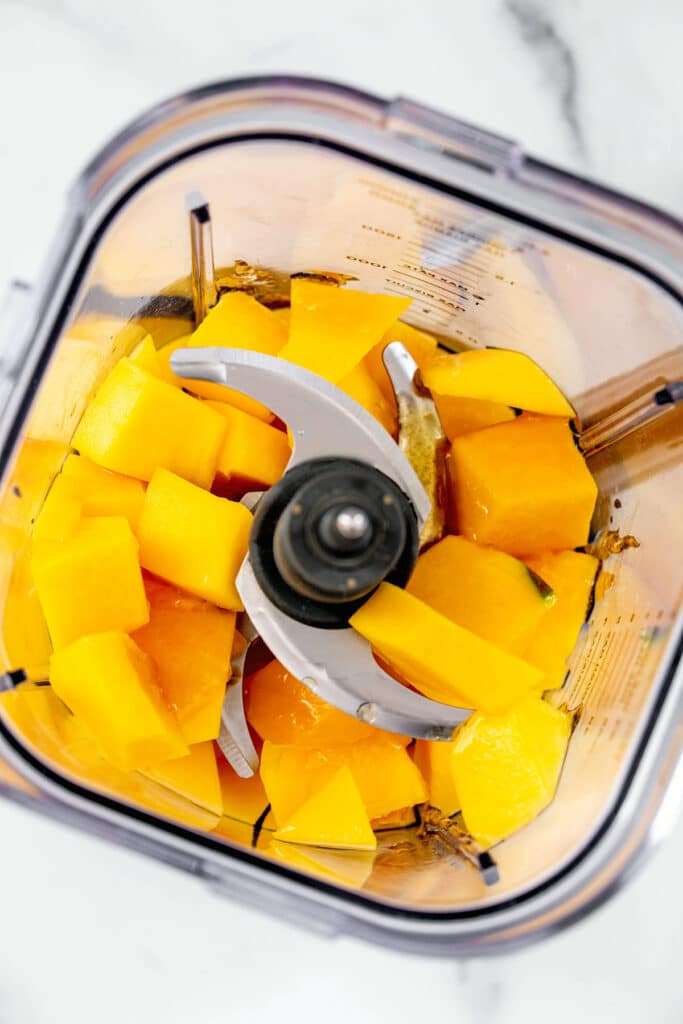 Chopped mango in blender.