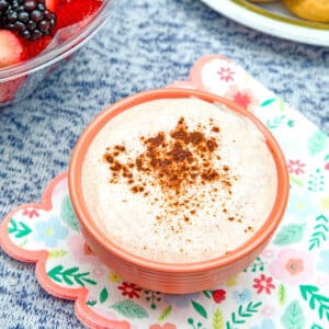 Closeup view of a small bowl of cinnamon dip.