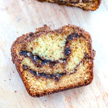 Closeup view of a slice of bread with cinnamon swirl.