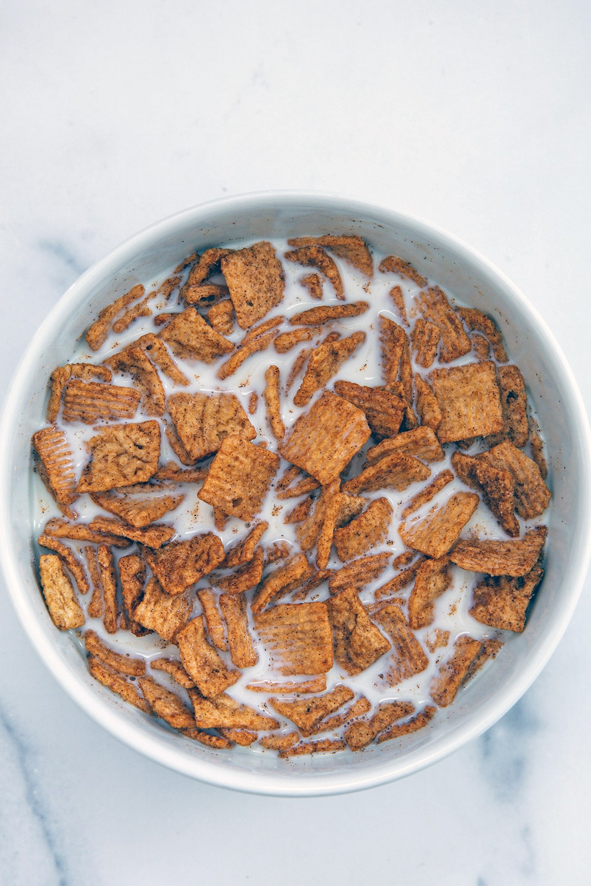 Cinnamon toast crunch cereal in a bowl of milk.