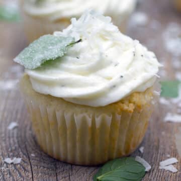 Closeup view of a coconut cupcake with white frosting and chocolate mint all around.