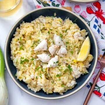 Closeup overhead view of a bowl of crab risotto.