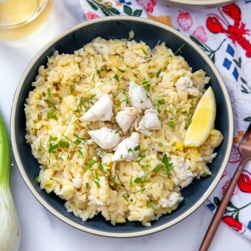 Closeup overhead view of a bowl of crab risotto.