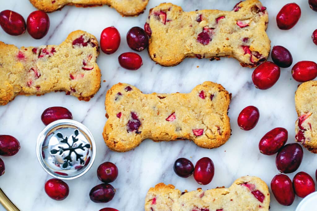 Landscape view of cranberry dog treats on a marble platter with fresh cranberries.