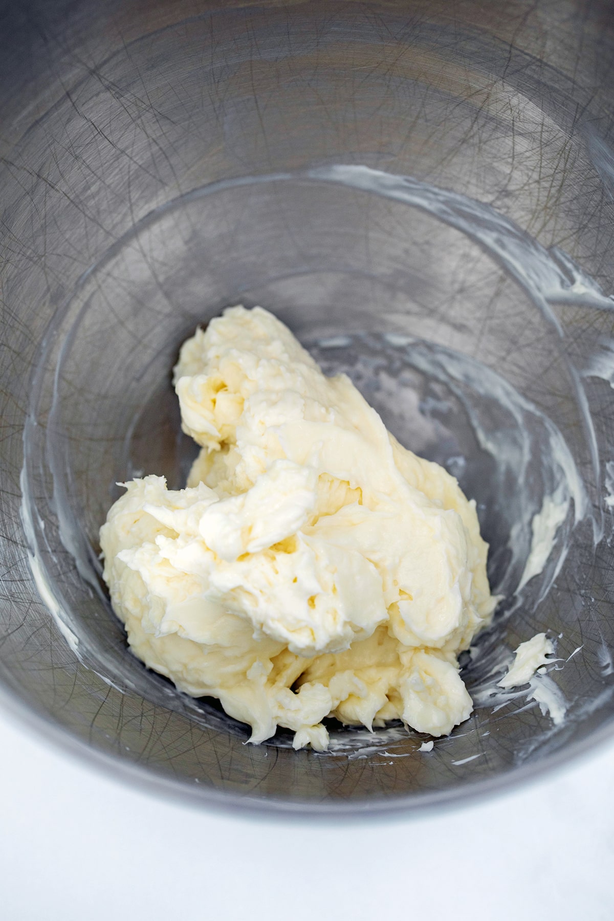 Cream cheese mixture in mixing bowl.