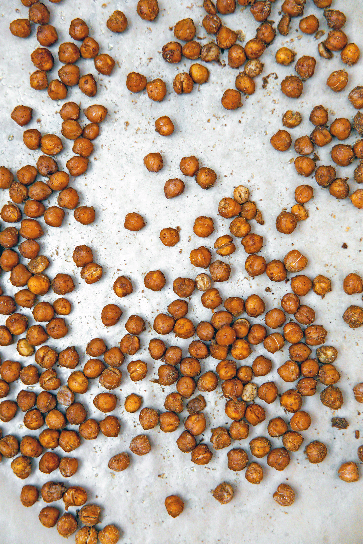 Crispy chickpeas on baking sheet.