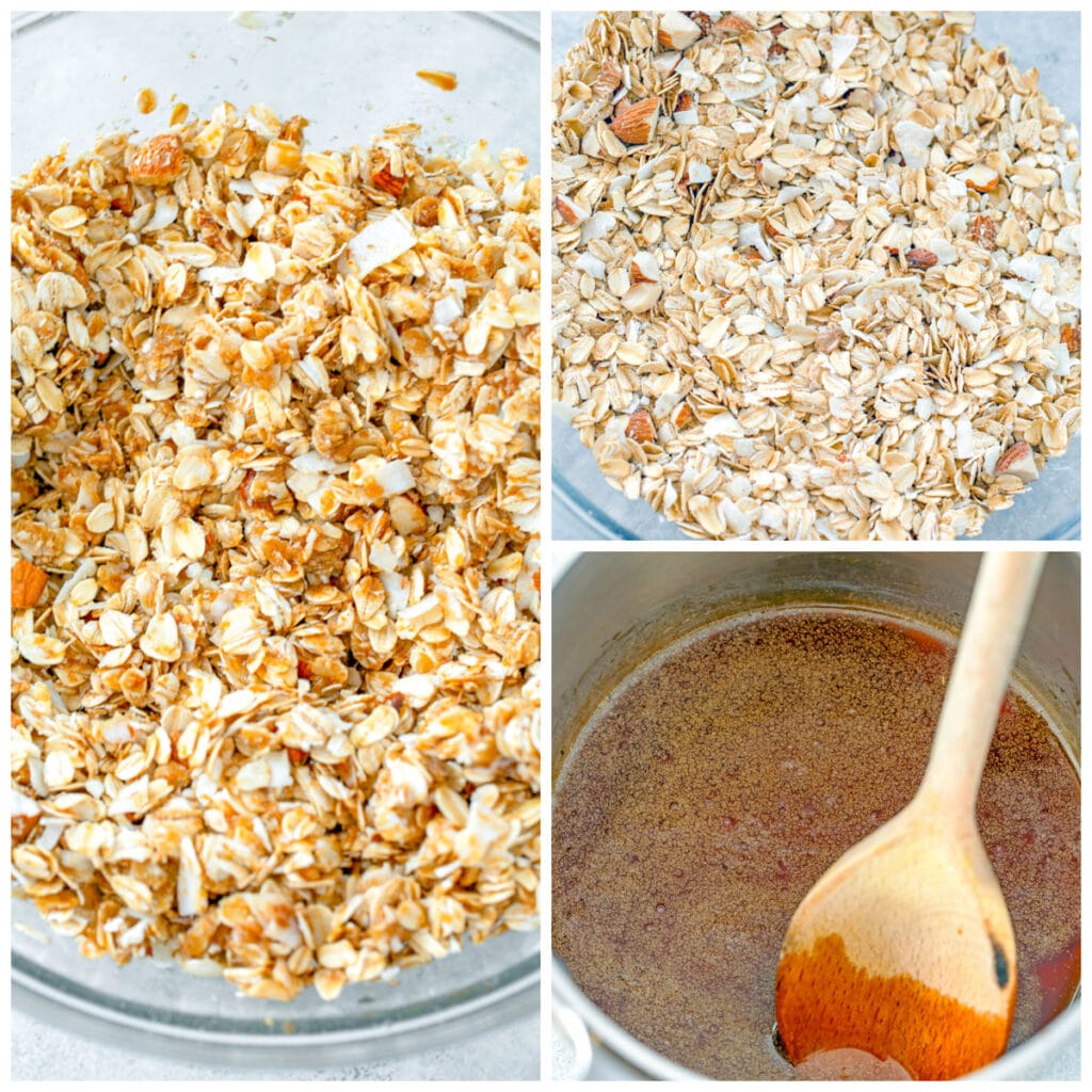 Collage showing process for making granola, including dry oat mixture in bowl, oil and sugar mixture in saucepan, and oil and sugar mixture poured over oat mixture in bowl