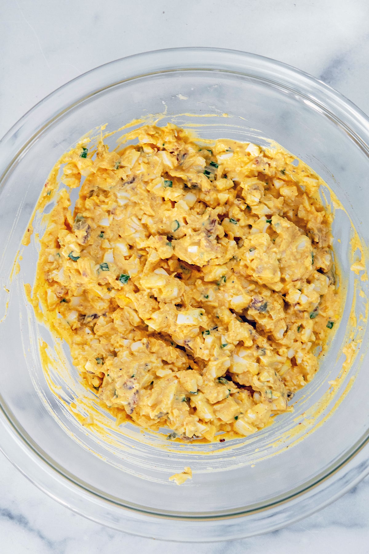 Deviled egg dip in bowl.