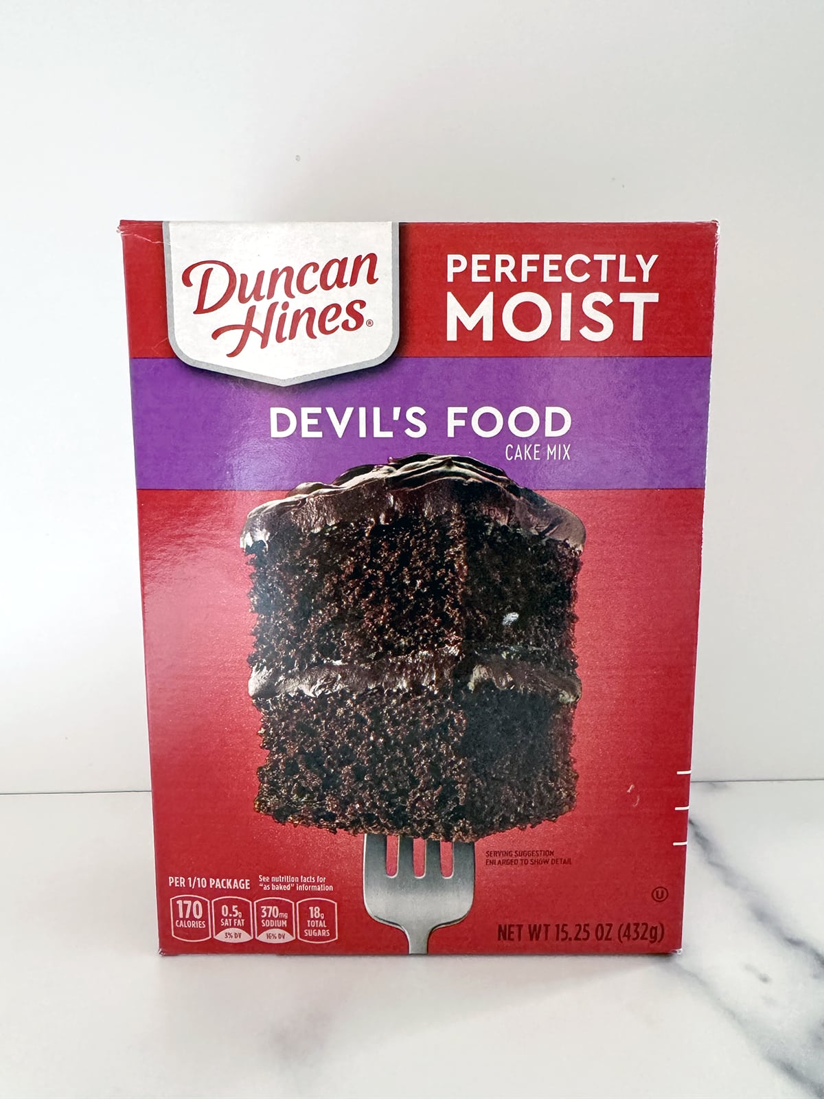 Box of devil's food cake mix from Duncan Hines.