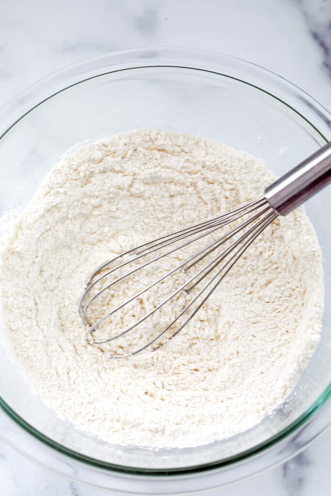 Dry ingredients in mixing bowl with whisk.