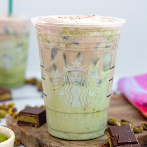 Closeup view of an Iced Dubai Chocolate Matcha in a Starbucks cup.