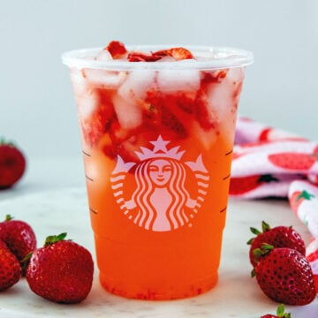 Head-on closeup view of a Strawberry Acai Refresher made with just 3 ingredients.